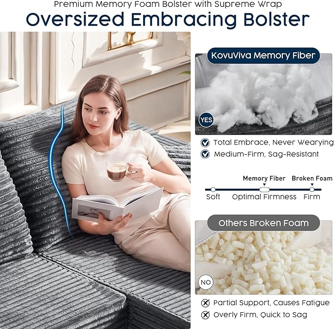 Grey Modular Sectional Couch with 108 L-Shape Chaise Deep Seat Corduroy Sofa Plush Fabric Cloud-Like Couches for Living Room No Assembly Modern Minimalist Furniture (Left Facing Chaise)