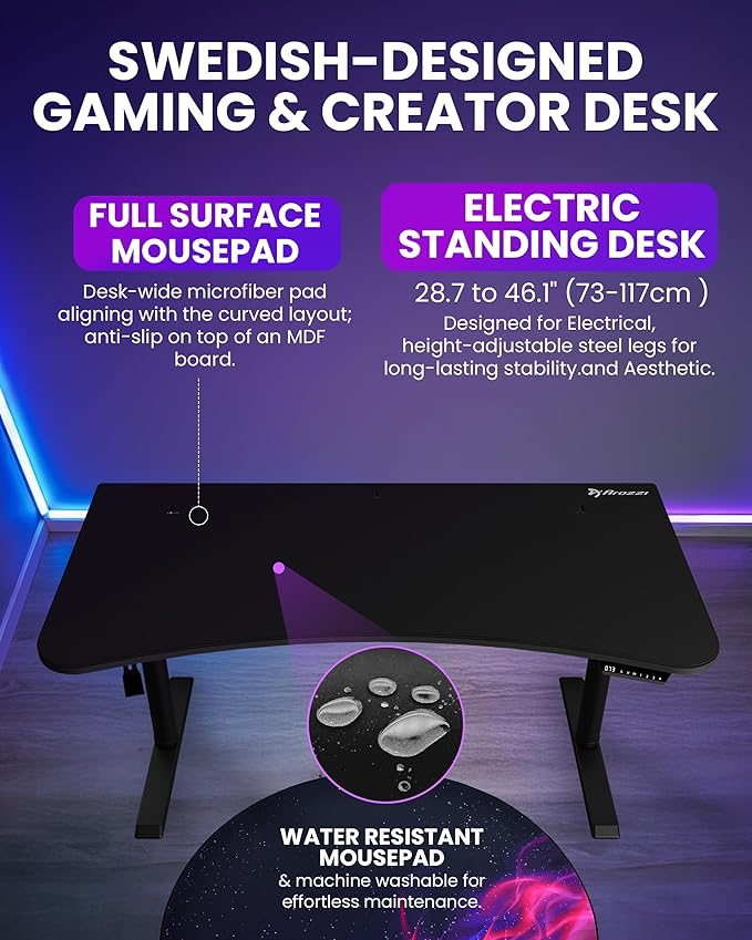 Arozzi Arena Moto Gamer Desk - 63x32” Electric Standing PC Gaming Desk with Storage for Cables - Dual Motor Steel Frame &amp Full-Surface Washable Mousepad - Pure Black