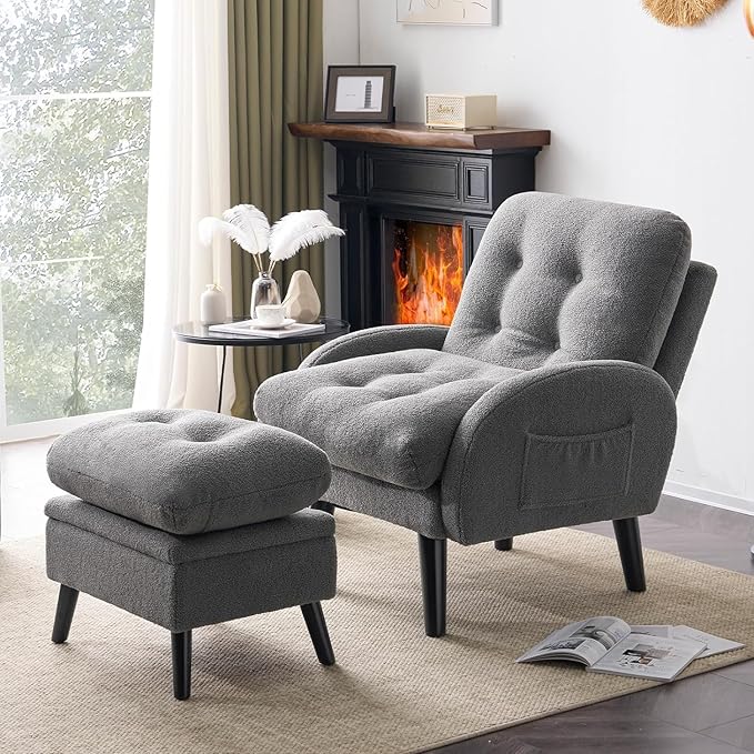 ELUCHANG Accent Chairs with Ottoman Upholstered Comfy Armchair with Adjustable Backrest&ampStorage Footrest Lazy Chair Reading Chair Leisure Sofa Recliner for Living Room Bedroom (Grey - Teddy Fabr