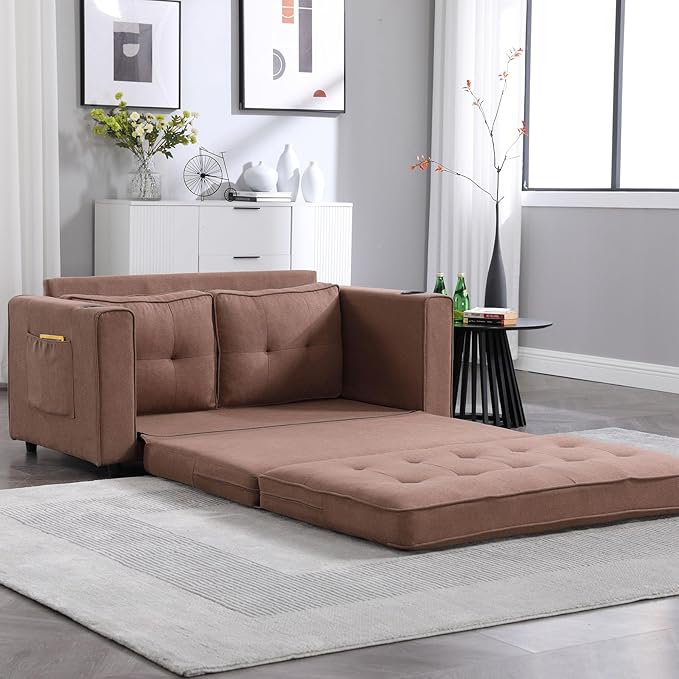 Folding Futon Loveseat Sleeper Sofa Bed with Pullout Couch Bed Comfy Convertible Floor Sofa Bed Cup Holder&amp Side Pockets for Bedroom Living Room Small Space (Brown + Cup Holder)