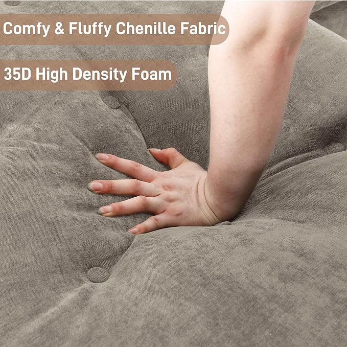 134 Oversized Light Brown Sectional Couches for Living RoomFluffy Couch with Chaise Lounge&ampTufted Buttons U Shaped Living Room Sofa Set FurnitureChenille 6 Seater Couch with Storage Console