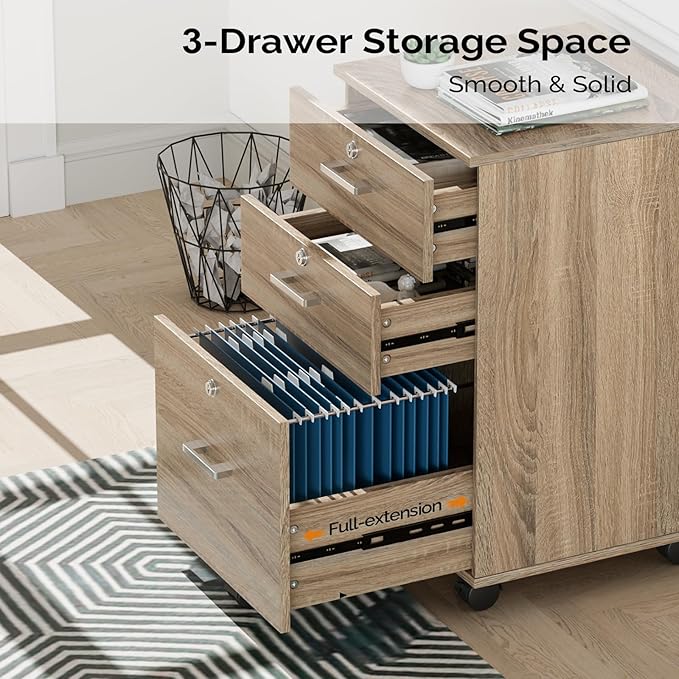 VINGLI 3-Drawer File Cabinet with Lock Wood Rolling Filing Cabinets for Home Office Mobile Printer Stand Under Desk File Organizer for Letter Sized Files 26 H(Caster Included) Oak
