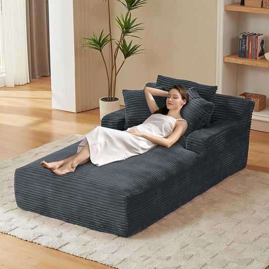 80 Inch Oversized Chaise Lounge Chair IndoorBoneless Corduroy Sofa Bed with Spring CushionDeep Seat Cloud Couch and Reading LoungerSoft Sleeper Sofa for Living RoomNo Assembly Required (Dark Grey)