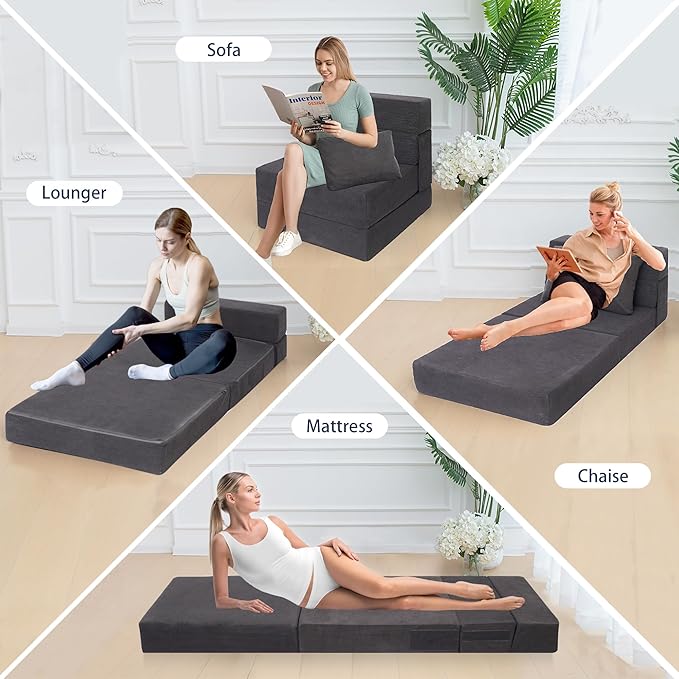Sofa Bed Foldable Mattress Folding Sleeper Sofa Chair Bed Floor Mattress with Pillow for Living Room Home Office (Dark Gray -Corduroy Single)