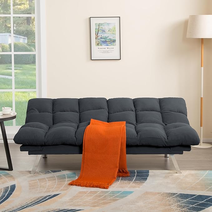 67” Convertible Futon Couch Bed Adjustable Pillow Top Arm Memory Foam Cloud Futons Loveseat Modern Light Gray Corduroy Mini Small Sofa Couches for Living Room