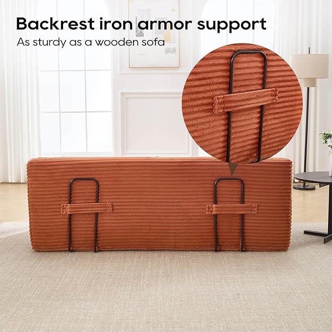 2 in 1 Convertible Sleeper Sofa Bed 72 Corduroy Loveseat Sofa w/ 2 Pillows Oversized Chaise Lounge Chair Indoor Pull Out Couch Bed for Small Spaces/Living Room/Bedroom No Assembly (Orange)
