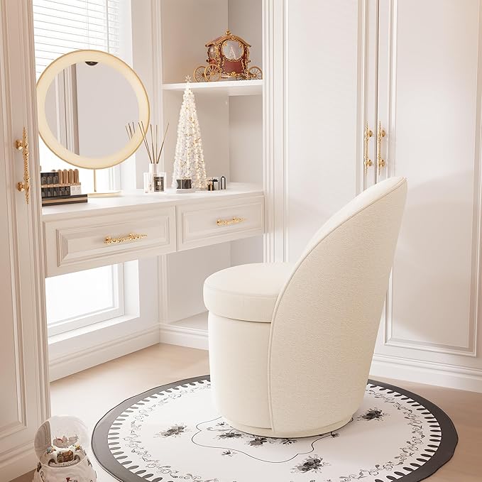 Rowill 360 Degree Swivel Vanity Chair with Back Modern Round Upholstered Accent Chairs Boucle Fabric for Living Room Reading Nook Makeup &amp Vanity Chair Easy Assembly White