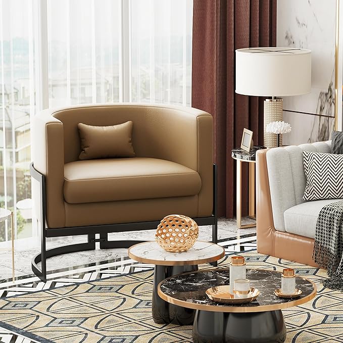 Alunaune Upholstered Modern Living Room Chairs Barrel Accent Chair Faux Leather Armchair Mid Century Lounge Chair Anti Scratch Sofa Tub Bucket Club Side Chair for Bedroom-Brown
