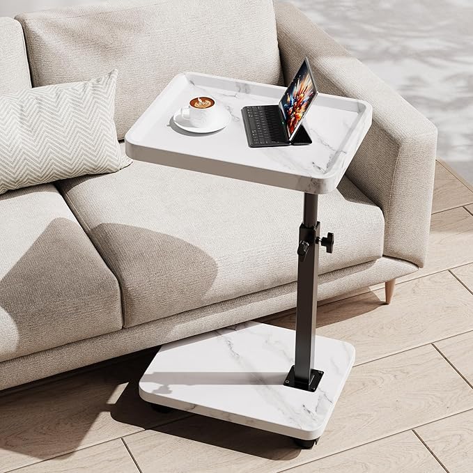 C Table End Table Adjustable Height 360°Swivel TV Tray Table for Small Spaces Side Tables with Wheels for Living Room and Bedroom Bed (White)
