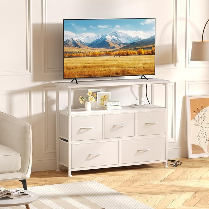 DUMOS TV Stand Dresser with 5 Fabric Storage Drawers Media Console Featuring Open Shelf Fabric Storage Cabinet with Charging Station Compact Entertainment Unit for Bedroom Living Room White