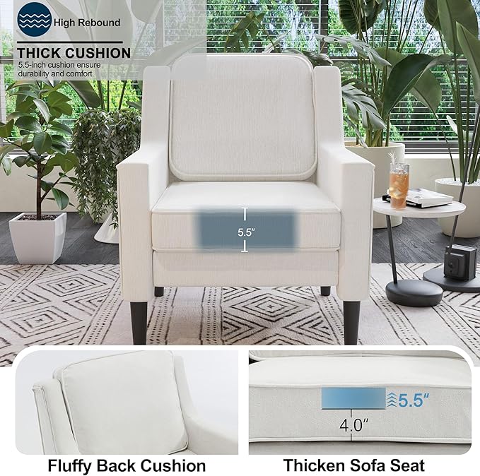 Cream Accent Chair - High Back Upholstered Armchair Comfy Living Room Arm Chair Reading Accent Chairs for Bedroom Apartment Office Single Sofa with Wood Legs
