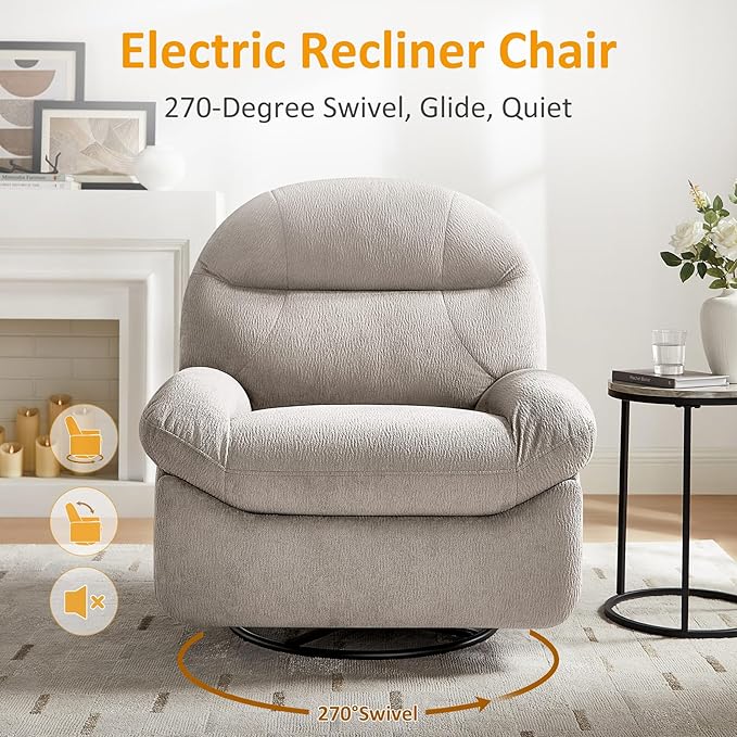 VANOMi Power Recliner Chair with USB &amp Type-C Charging 270° Swivel Glider Rocker Electric Nursery Recliner for Living Room Bedroom and Office Camel