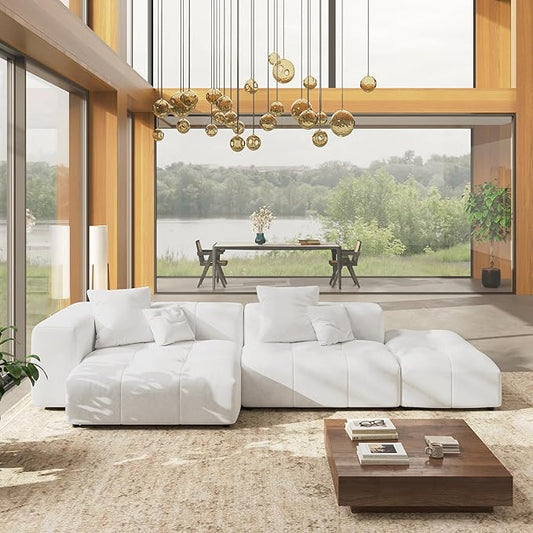 WJShome 119 Inch Cloud Couch Modular Sectional Sofa with OttomanLinen Deep Seat with Pillows Couches for Living Room Bedroom and ApartmentWhite
