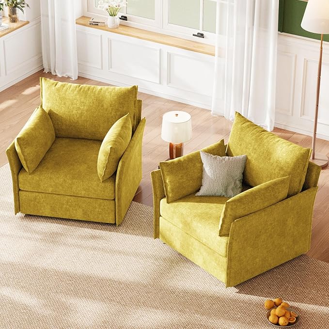 ABCASA Oversized Accent Chair Set of 2 Upholstered Modern Living Room Chair 24.5 Deep Seat Reading Chair Yellow Mid-Century Pet-Friendly Removable Backrest Cover Comfy Chenille Bedroom Armchair