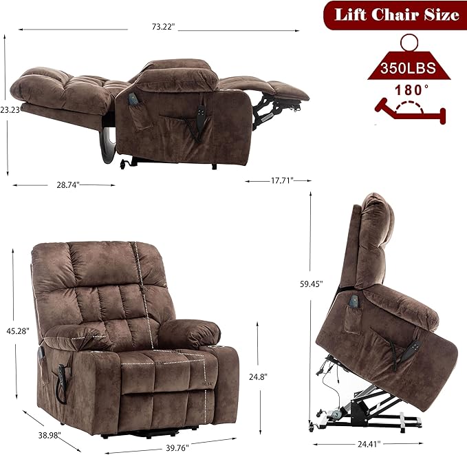 Large Power Lift Recliner Chair with Massage and Heat for ElderlyOverstuffed Wide ReclinersBreathable Leather with 2 Cup HoldersDual OKIN MotorRecline up to 180 Degrees