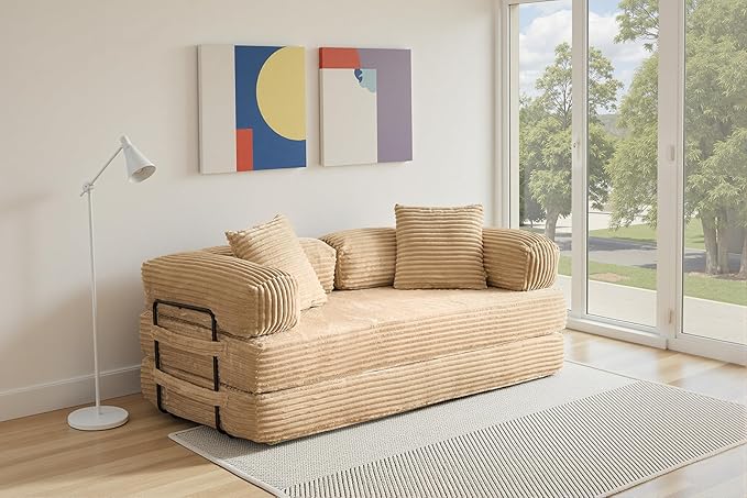 4-in-1 Folding Convertible Sleeper Sofa Bed81 Plush Corduroy Boneless Couch Pull Out BedsLoveseat Floor Futon for Small Spaces Living Room Bedroom ApartmentBeige
