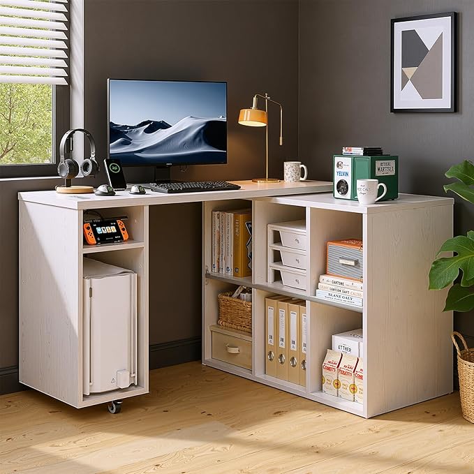 White L-Shaped Computer Desk Table with Charging Station–Small Study Writing Desk with Backless Storage Shelves 67” Bedroom Side Table &amp 360°Rotating Desk
