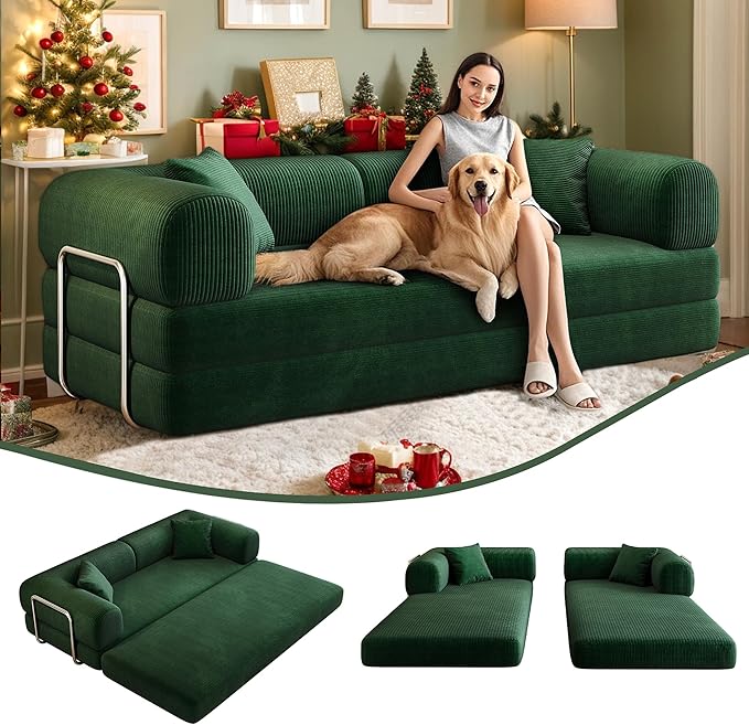 78.8 Modern Convertible Floor Sleeper Sofa Bed Corduroy Modular Boneless Couch with Silver Fixed-Shape Frame No Assembly Futon Cloud Loveseat with Pull-Out Bed for Living Room (Green)
