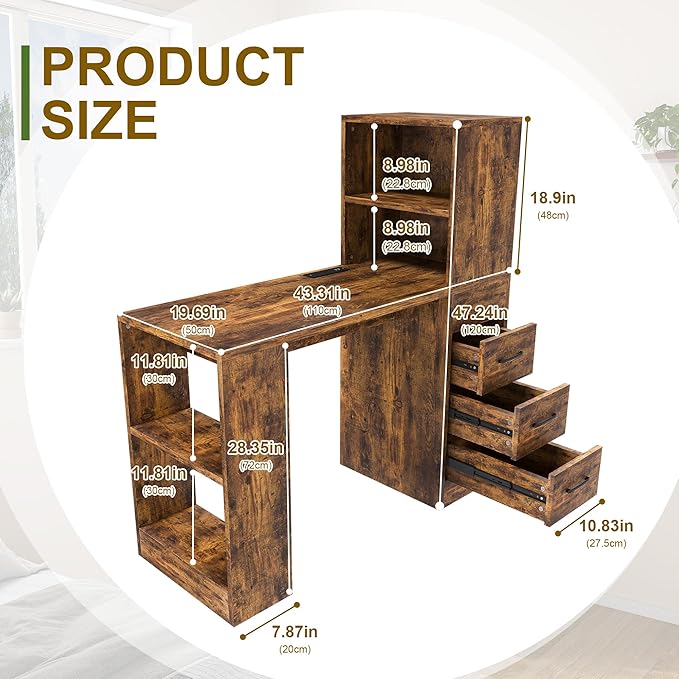KEIKI Computer Desk with Hutch and 3 Drawers 4-Tier Storage Shelves Office Desk with Storage and Integrated 4-in-1 Charging Station Brown