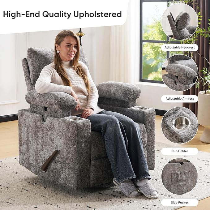 Swivel Rocker Recliner with Adjustable Armrests Rocking Nursery Chair with Adjustable Headrest Cup Holder Manual Recliner Nursing Chair for Breastfeeding Chenille Dark Grey