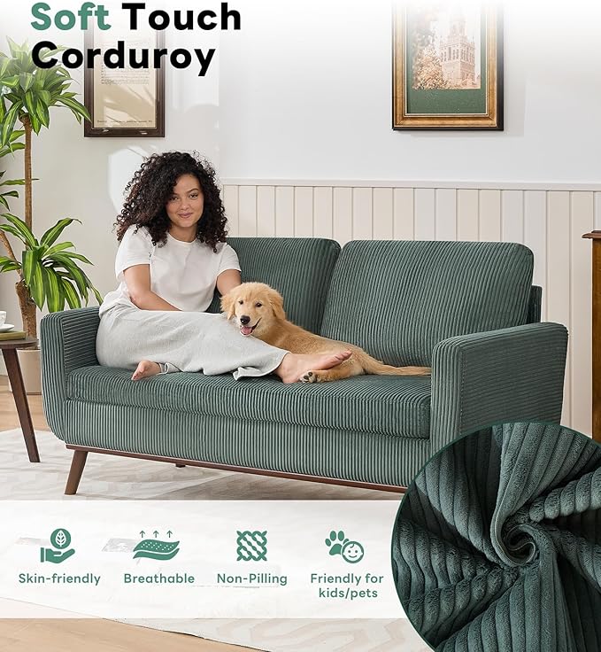 Kingfun 65 Corduroy Love Seat with Spring Cusions Mid Century Modern Loveseat Sofa for Livingroom &amp Bedroom Comfy Upholstered Small Couch Green | linen fabric button tufted solid wood foot
