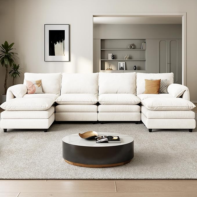 YITAHOME 142 Modular Sectional Sofa with Movable Ottoman Modern U Shaped Couch with Pillow-Armrest Velvet 6 Deep Seat Cloud Couch for Living Room Apartment Office Beige