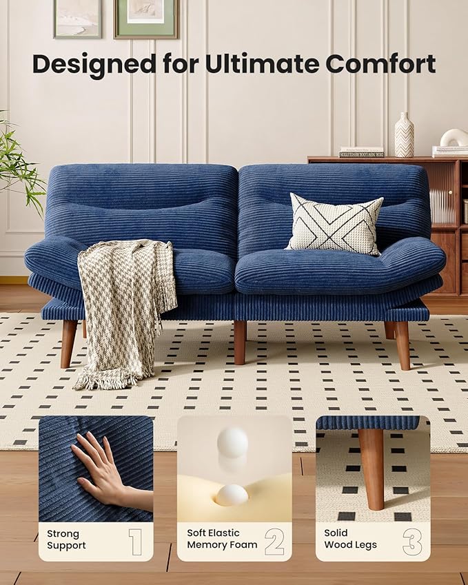 66″Futon Sofa Bed3-in-1 Futon Couch w/Adjustable Backrest &amp Armrests Convertible Sleeper Sofa Bed Small Folding Sleeper Recliner w/Removable Cushion for Apartment Living RoomOffice (66inBlue