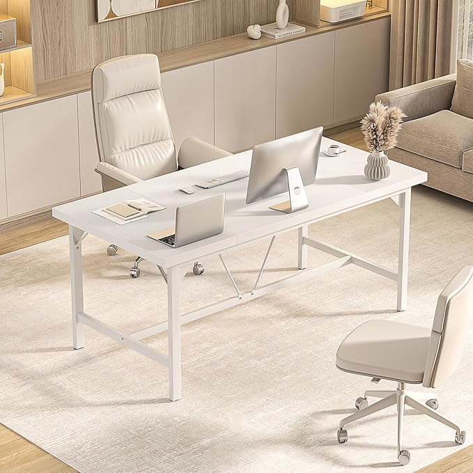 Cyclysio 63 Large Computer Desk Long Office Table with Heavy Duty Metal Frame Modern Study Writing Gaming Desk for 2 Person 1.4 Thick Wood Desktop for Home Office (White 63 Inch)