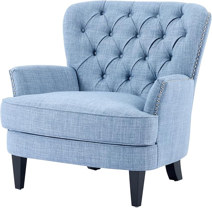 Ball &amp Cast Accent ChairMid-Century Lounge Living Room Chairs with Button TuftingUpholstered Reading Accent Chair W/Solid Wood Legs and Curved Backrestfor BedroomApartmentLight Blue