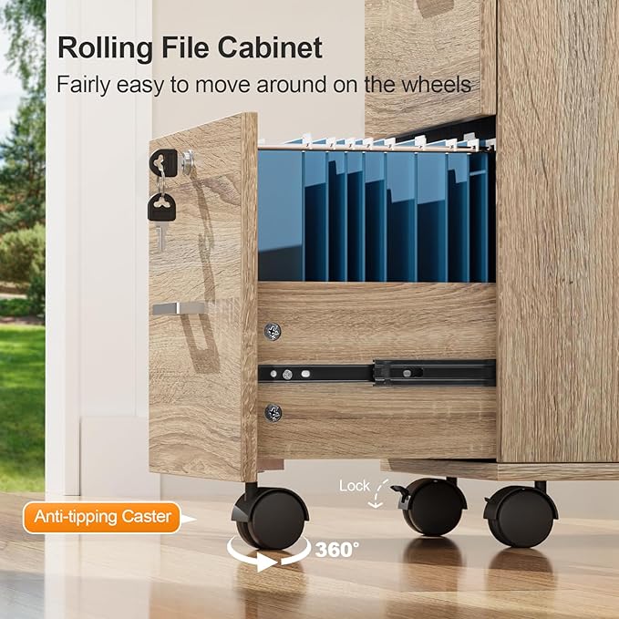 VINGLI 3-Drawer File Cabinet with Lock Wood Rolling Filing Cabinets for Home Office Mobile Printer Stand Under Desk File Organizer for Letter Sized Files 26 H(Caster Included) Oak