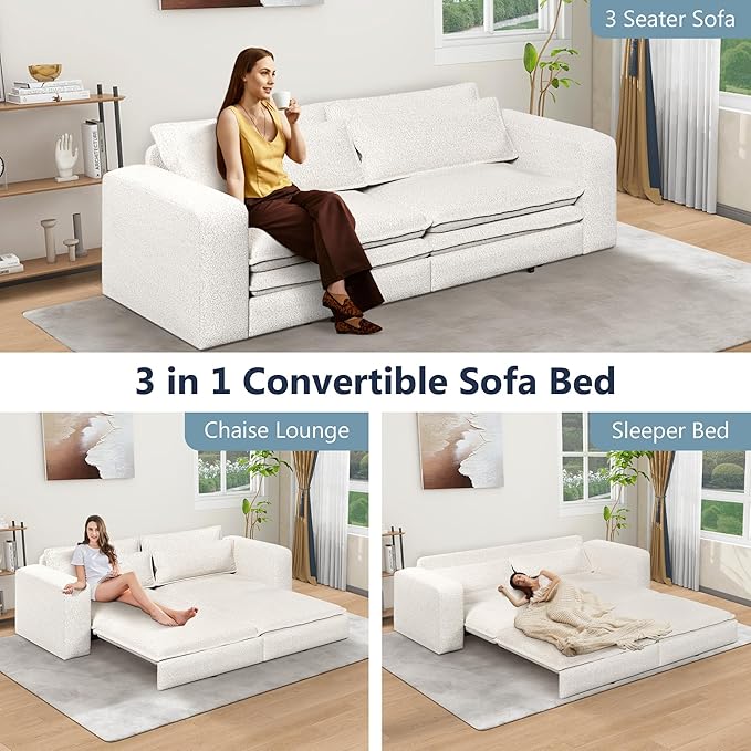 93 King Size Sofa Bed 3 in 1 Convertible Pull Out Couch Loveseat Sleeper Comfy Upholstered Teddy Sofa 3 Seater Chaise Lounge with 2 Pillows Modern Couch Bed for Living Room Beige