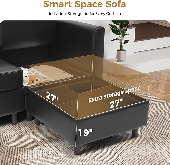 ABCASA Faux Leather Modular Sectional Sofa 118.5 L Shaped Couch Set for Living Room 5-Seater Comfy Cloud Couches with Movable Storage OttomanDIY Combination - Black