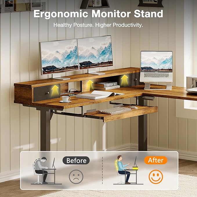 Casaottima 59 Inch Electric L-Shaped Standing Desk with Drawers Height Adjustable Stand Up Corner Desk with Monitor Stand &amp Keyboard Tray Lift Table for Home Office Workstation Rustic Brown
