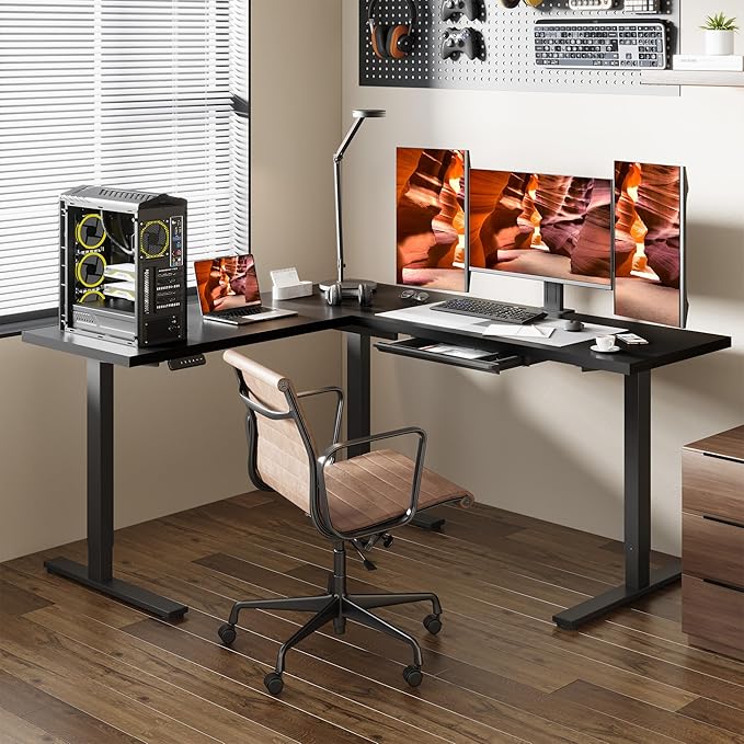 L-Shaped Standing Desk 71 x 63 Inches Height Adjustable Desk with Storage Sit and Stand up for Work Office Home Ergonomic Rising Computer Table for Home Office with Splice Board Black