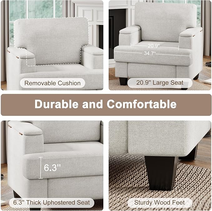 Furniliving Modern Oversized Accent Sofa Chair Set of 2 Comfortable Living Room Lounge Armchair with Storage Armrest Upholstered Reading Gaming Chair for Apartment Living Room Bedroom White