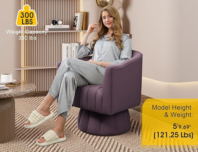 Accent Chair Mid Century 360 Degree Swivel ChairModern Lounge Sofa Round Barrel Chair with Wide UpholsteredFluffy Velvet Fabric Chairs for Home Sofa Living Room/Bedroom/Waiting Room(Purple)