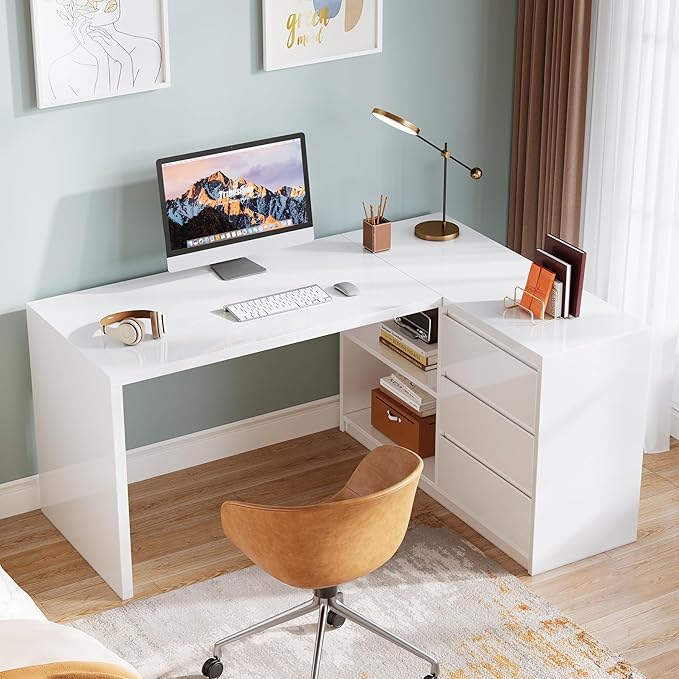Tribesigns White L-Shaped Computer Desk with 3 Drawers 55-Inch Modern Gloss Corner Home Office Executive Desk with LED Lights and 2 Storage Shelves for Work Study Writing