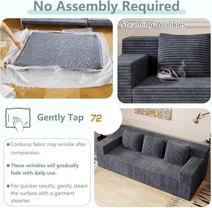 71 Cloud Loveseat SofaBoneless Deep Seat 2-Seater with 3 Pillows&ampSide PocketNo Assembly Foam Floor CouchPlush Corduroy Living Room Sofa for Small Space Apartment(Flat HandrailDark Grey)