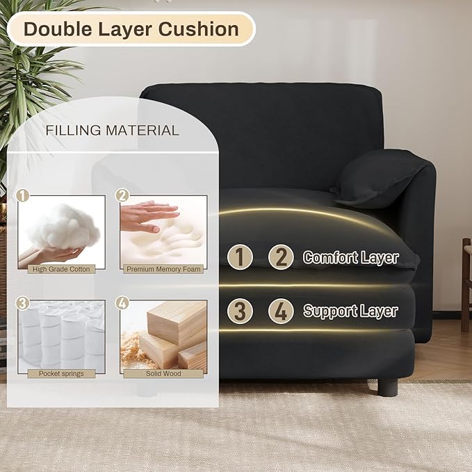 43 Oversized Chenille Single Sofa Chair Deep Seat Chaise Lounge Chair Upholstered Armchair Modern Accent Chairs for Living Room Bedroom Office Apartment Black