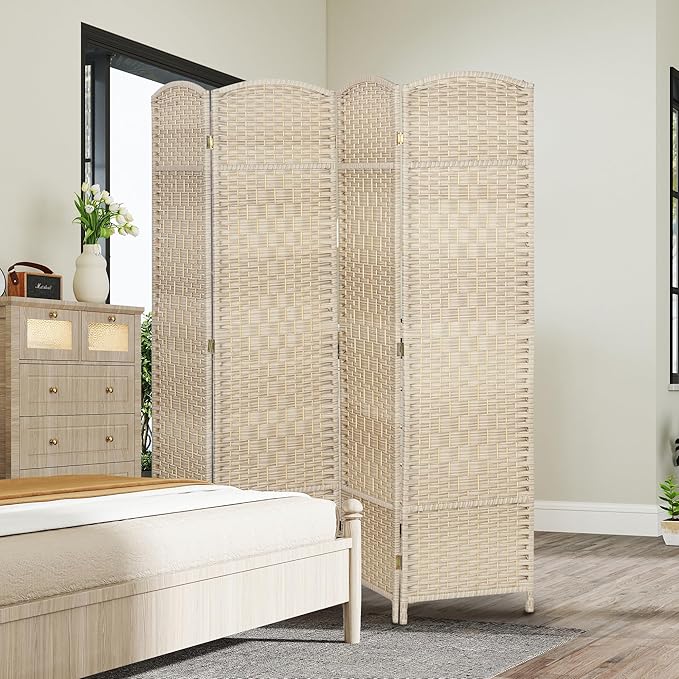 HOMCOM Room Divider 6 Ft 4 Panel Folding Privacy Screen Hand-Woven PP Wall Partition with Pine Wood Frame Freestanding Room Separator for Bedroom Home Office No Assembly Washed Oak