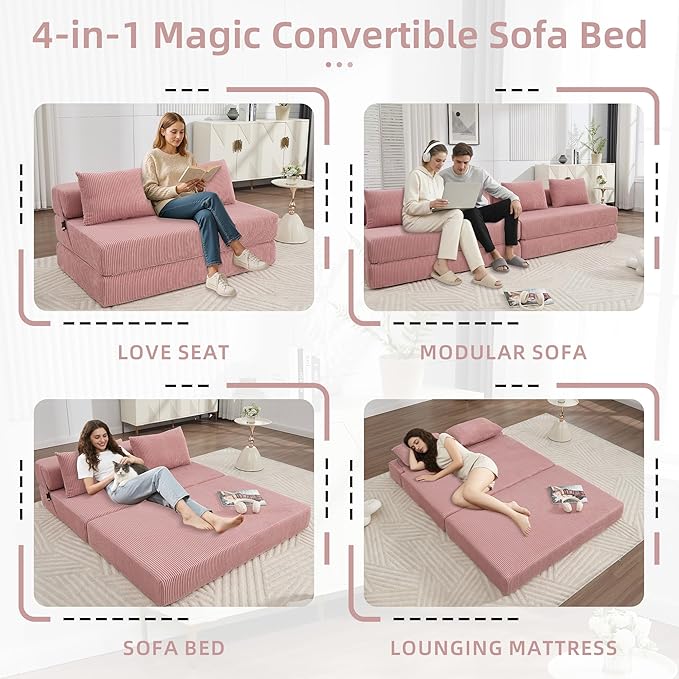 GNIXUU Fold Out Couch 3-in-1 Convertible Futon Sofa Bed with 2 Pillows Corduroy Foldable Floor Chair Boneless Loveseat Couches for Living Room Bedroom Small Spaces Pink