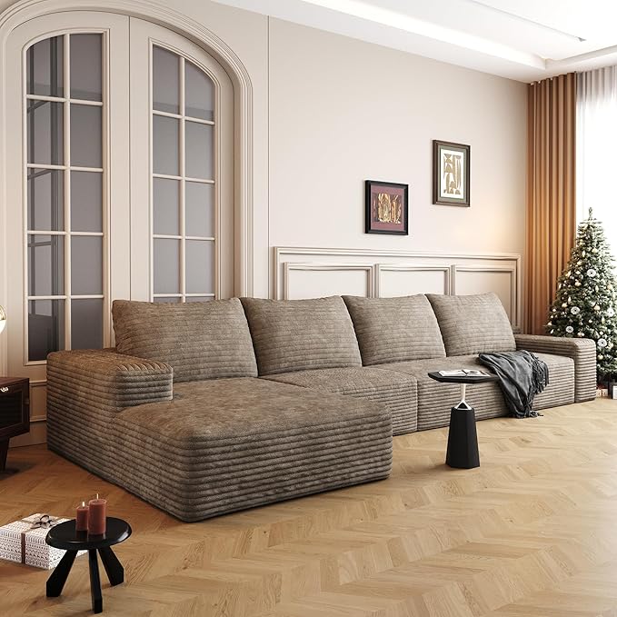135 Corduroy Boneless Sectional Couch with Chaise No Assembly Required L Shaped Modular Sectional Sofa Boneless Couches for Living Room (Camel 4 Seater+Left Facing Chaise) | Compression Fluffy