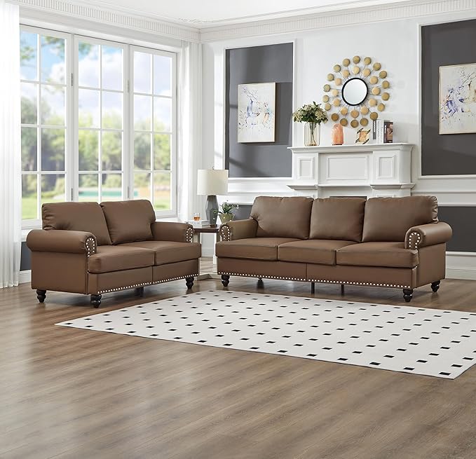 2 Pieses Living Room Sofa Sets Faux Leather Couch and Loveseat with Nailhead Decor Soild Wood Legs Rolled Armrests &amp Storage 2PCS Sofas 3 Seaters Couch and Love Seat for Living Room Furniture S