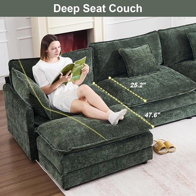 105 Modular Sectional Sofa Large L Shaped Sectionals Cloud Couch Big Comfy 3-Seat Couch with Ottoman 4 Seater Chenille Sectional Sofa with Deep Seat and 5 Pillows for Living Room- Green
