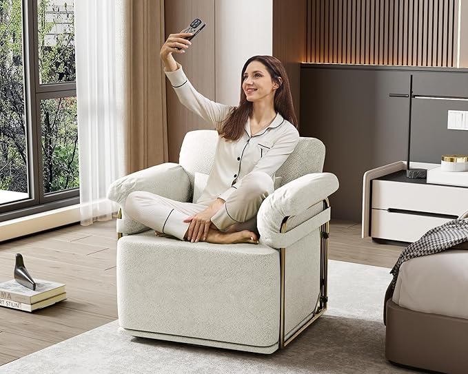 J.M.Deco Swivel Accent Sofa Chair Velvet Upholstered Reading Chair &amp Comfortable Armchair for Living Room Bedroom Reading Room Office (Square Seat * White)