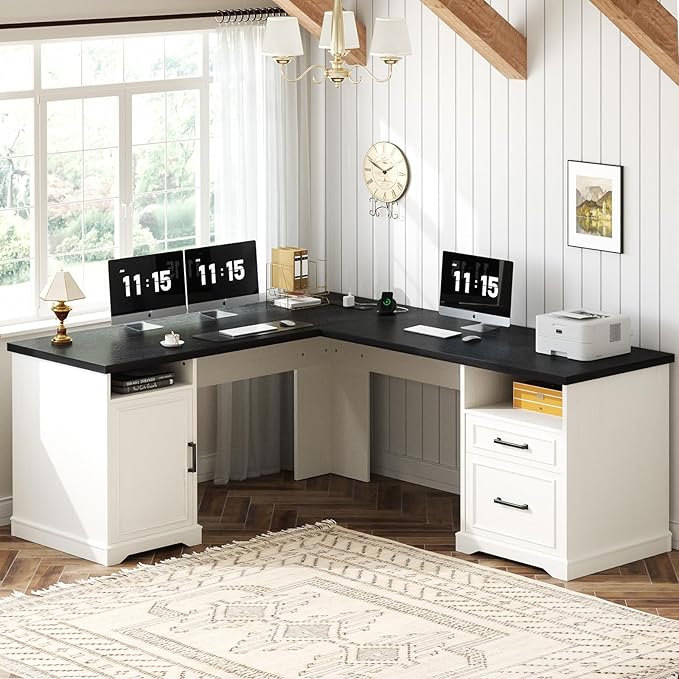 Unikito Farmhouse L Shaped Executive Desk with File Drawers 60 Corner Computer Desk with Power Outlets Large 2 Person Home Office Table with Storage Cabinet Sturdy Writing Desks White and Black