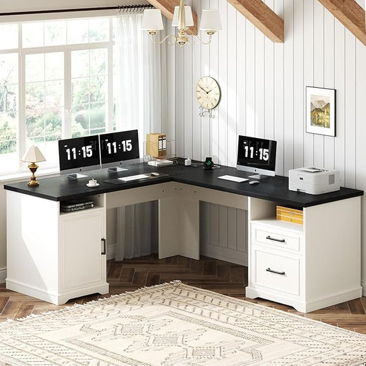 Unikito Farmhouse L Shaped Executive Desk with File Drawers 60 Corner Computer Desk with Power Outlets Large 2 Person Home Office Table with Storage Cabinet Sturdy Writing Desks White and Black
