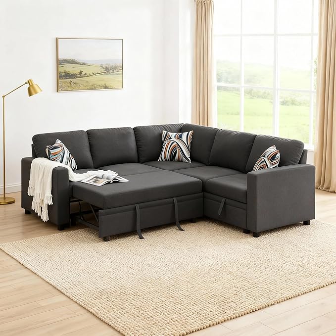 Sectional Sleeper Sofa with Pull Out Bed L Shape Convertible Couch with Storage Chaise Comfy Sleeper Couch 2 in 1 Pull Out Sofa Bed with 5 Seats for Living Room Apartment Black Gray