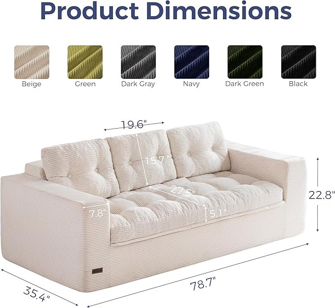 MAXYOYO 79 Boneless Sofa Couch Cloud Couch Floor Loveseat for Small Space with Pillows Tufted Floor Sofa with Layered Cushion for Apartment &amp Lounge No Assembly Required Beige