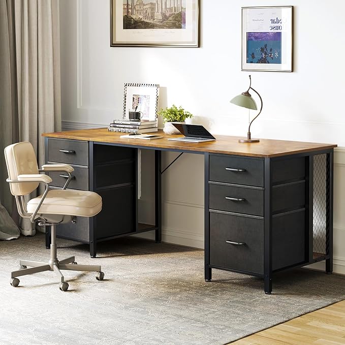 ODK 63 Inch Office Desk with 6 Fabric Drawers Large Computer Desk for Home Office with Hidden Storage Shelves Rustic Brown